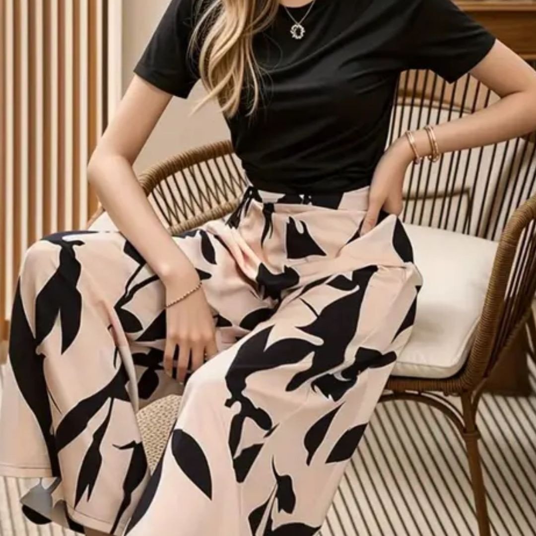 Women Floral Wide Leg Trousers & T-Shirt Set