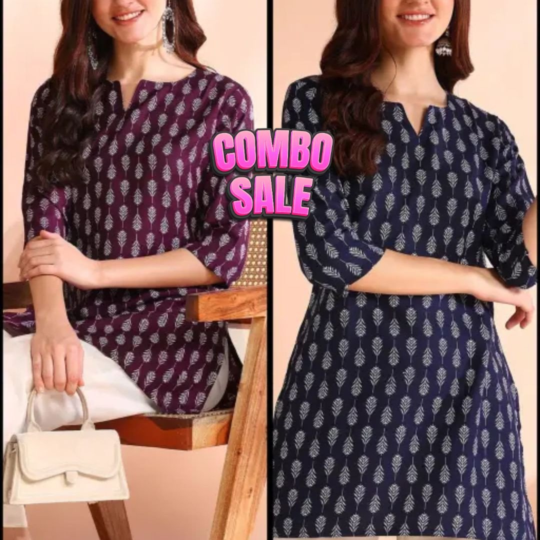 (Pack of 2) Floral Print V-Neck Short Kurti & Tunic Set
