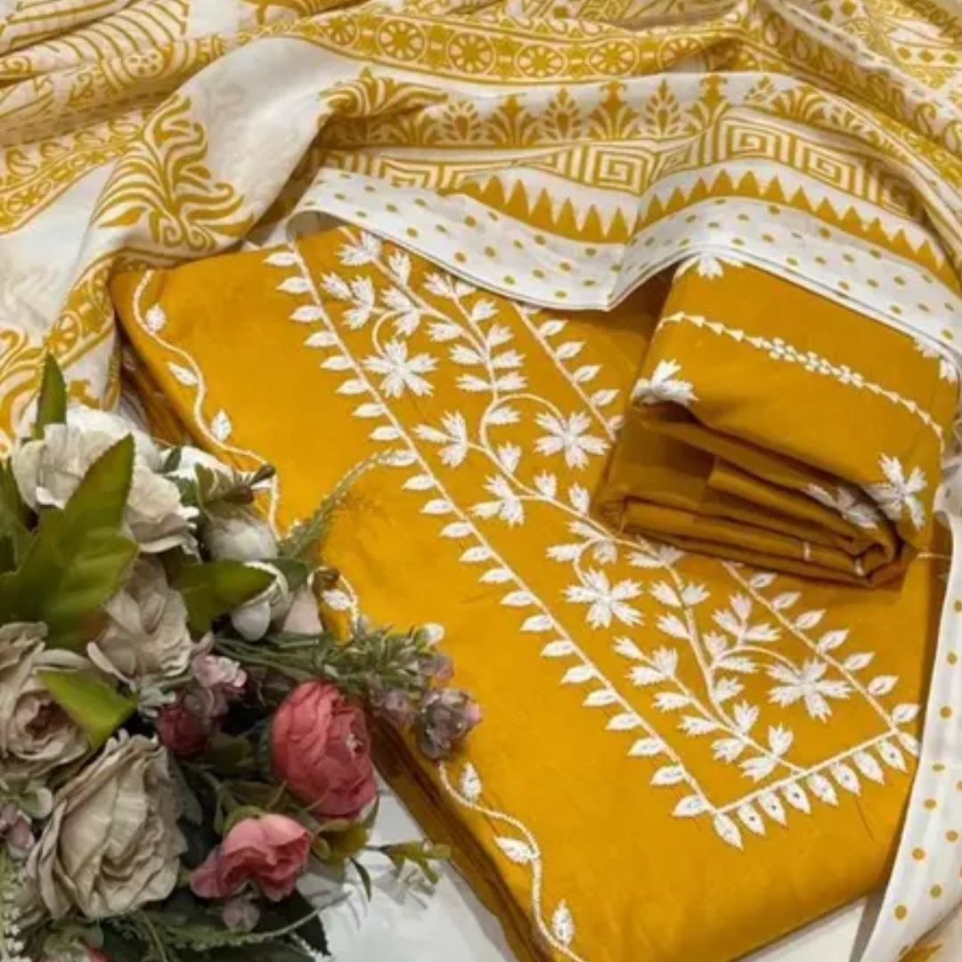 Yellow Threads Work Print Cotton Fancy Suit Dress Material