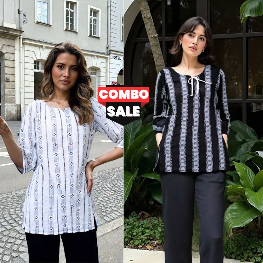 Womens 2 Combo Tops – Cotton Floral Kurti & Short Top Set