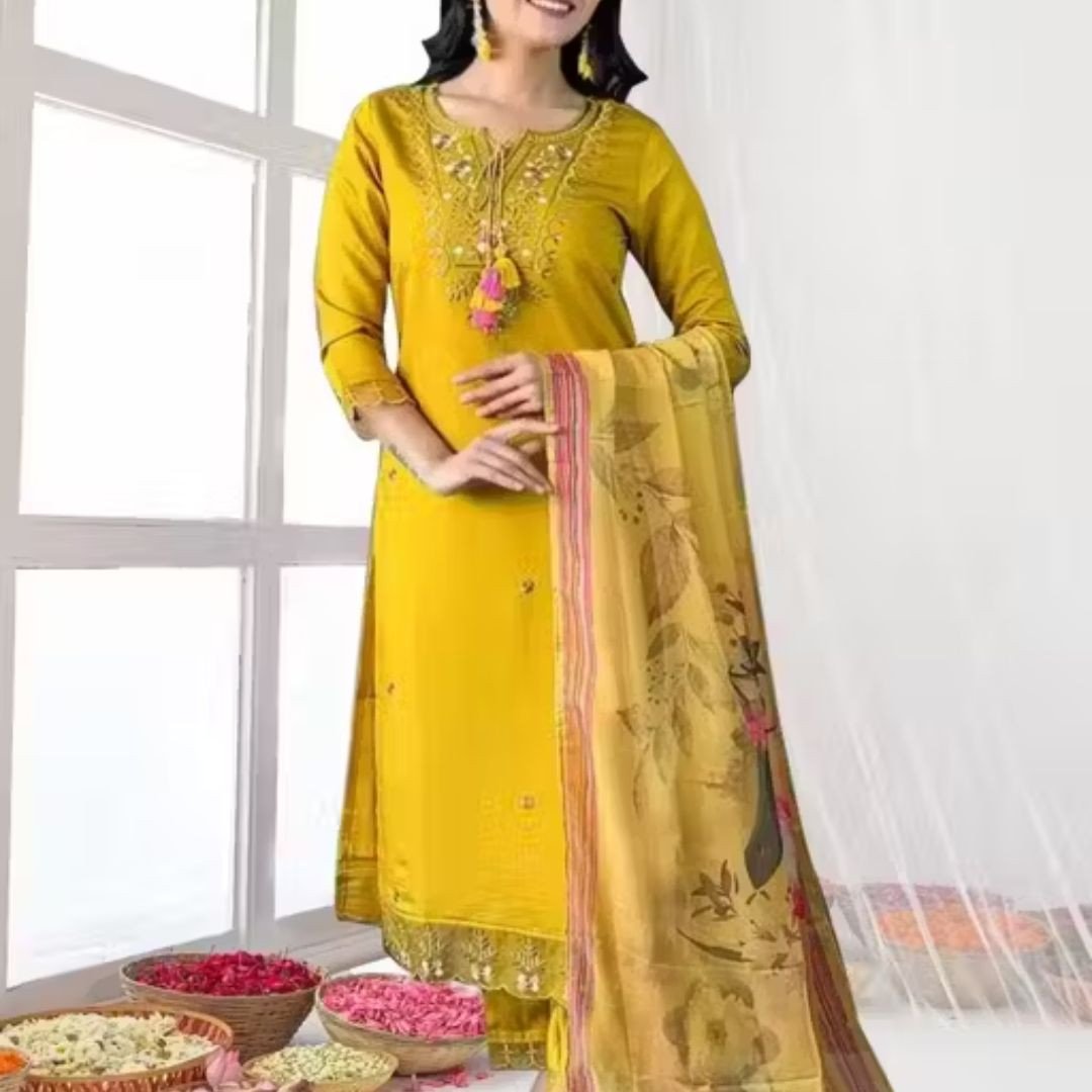 Rayon Slub Woman Kurta Set – Embroidered Short Sleeve Style