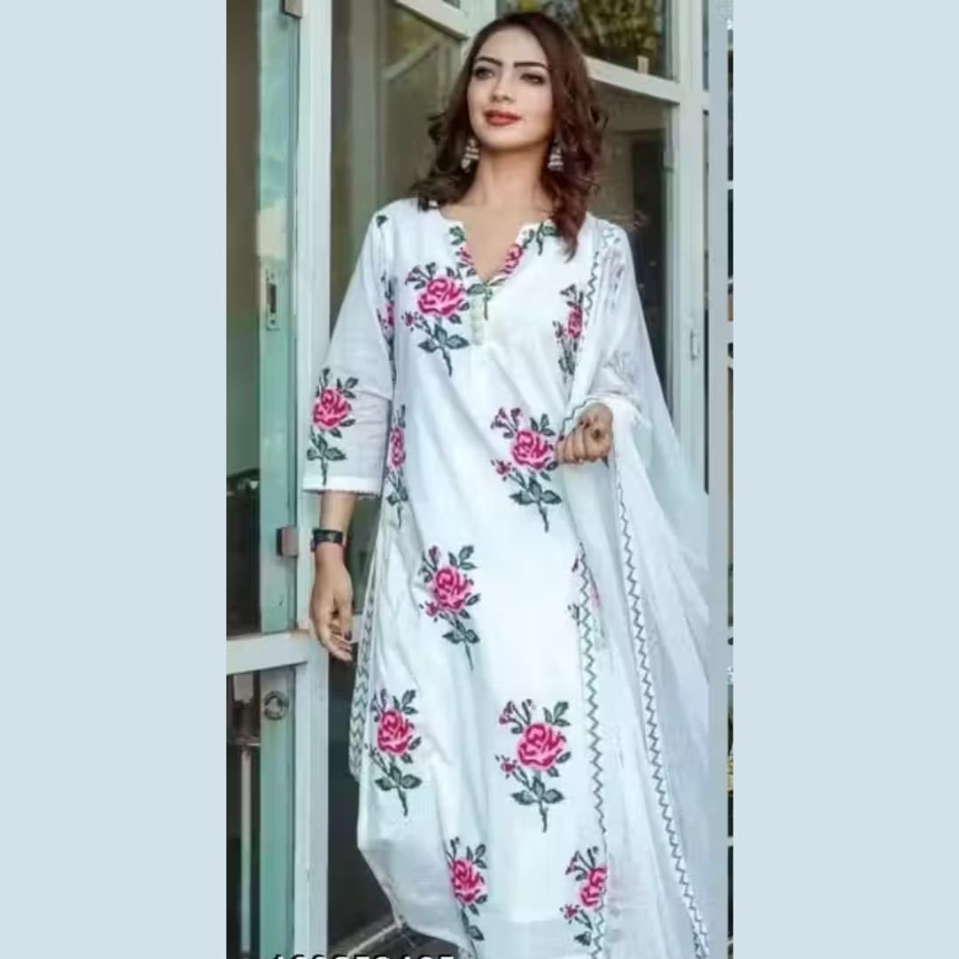 Women Printed Cotton Kurta Pant Set with Dupatta – White