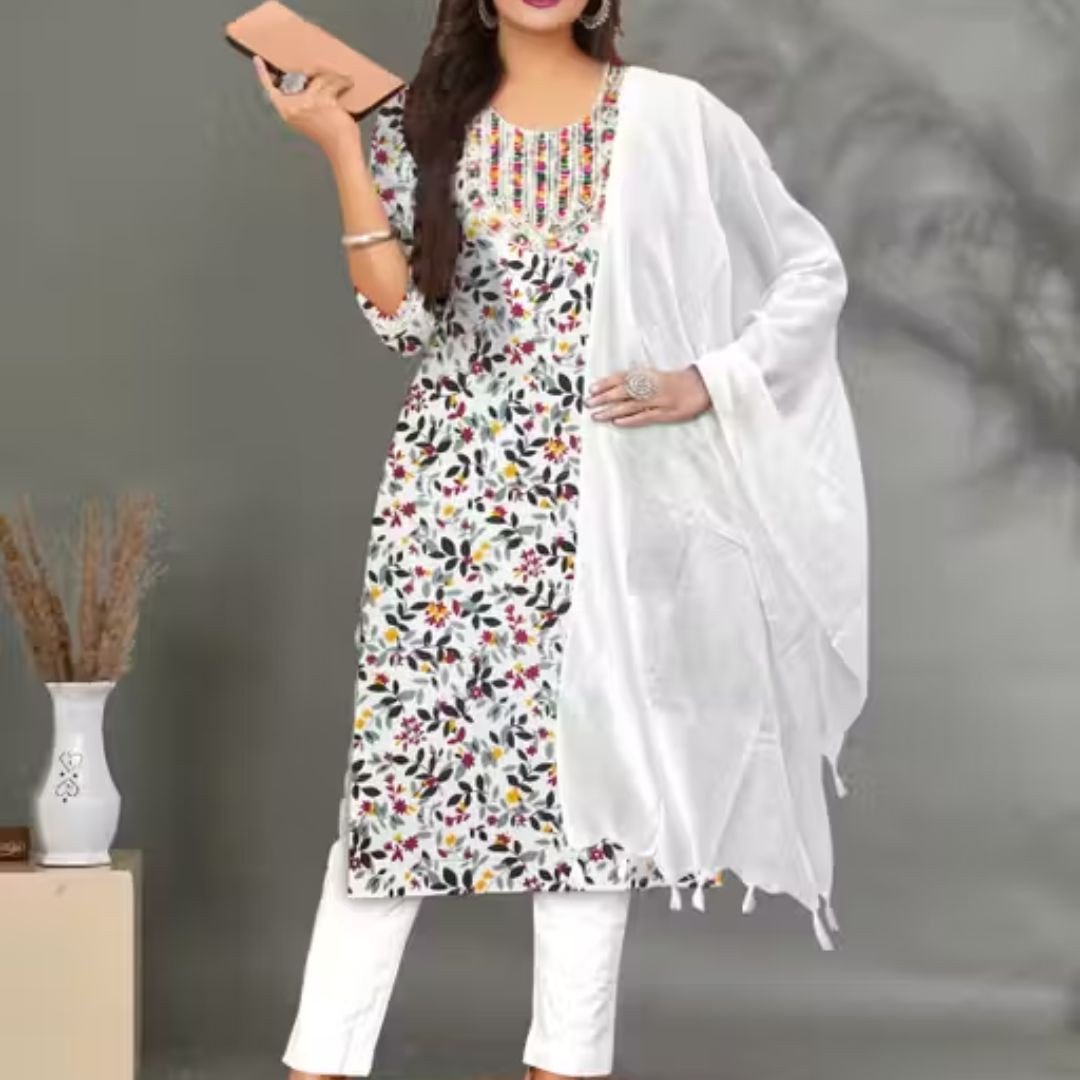 Print Kurti Pyajama Dupatta Set for Women & Girls – Rayon