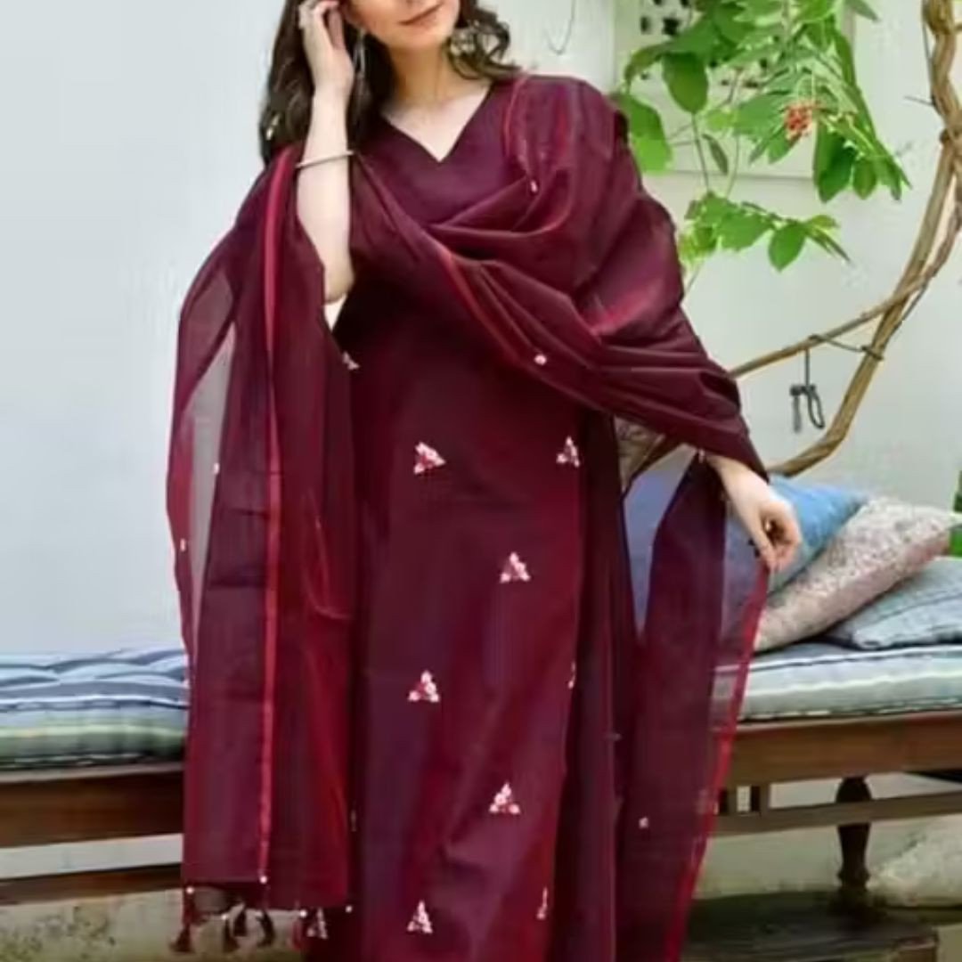 Maroon Silk Embroidered Kurti Pant Dupatta Set – Eid Wear