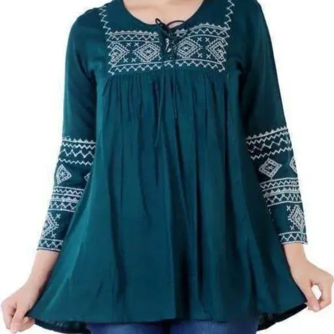 Rayon Golden Printed Short Kurta for Women – Teal Blue
