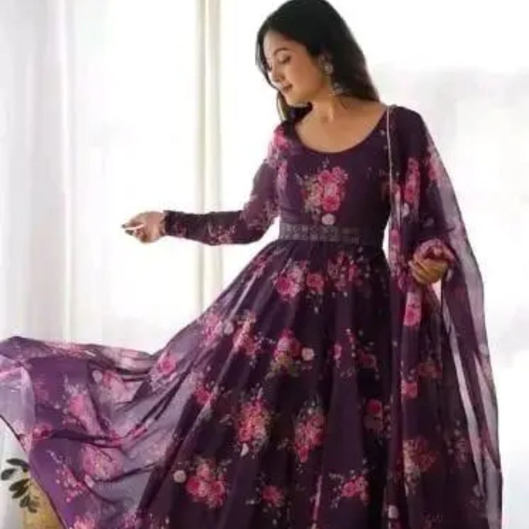 Rayon Golden Printed Gown Set with Belt & Dupatta